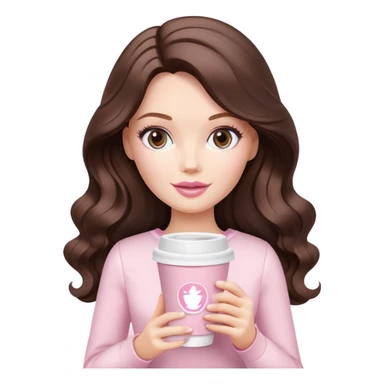 A white Barbie girl with long dark brown wave hair and a pale pink paper cup of coffee sticker