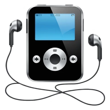 Futuristic iPod emoji with earphones, metallic black and white, smooth reflective surfaces, flat minimal vector design, clean UI style sticker