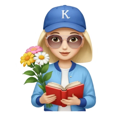 ["A happy girl with light skin, bald, wearing a baseball cap and sunglasses, dressed in K-pop fashion, is reading a book while holding a flower bouquet."] sticker