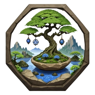 Alien spacecraft hanging-jungle vines mountain-island landscape mudman very old broken cracked intricate Stone Age rocky-crusted irregular dodecagon-shaped shallow dark moss rough bark blue willow flowered maple tree bonsai pot sticker