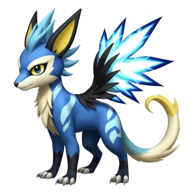 Feral Scaly Striking Slaying Badass Evil Handsome Lightning-patterned Zig-zagged buzzy fuzzy Meloetta-Renamon-Zeraora-Luxray-Cobalion-Absol-Vernid-fusion-hybrid-creature, full body  sticker