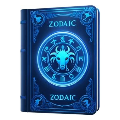 dark neon blue glass book, zodiac on the cover sticker
