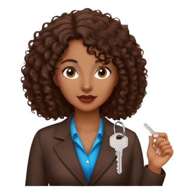 Dark brown lady with medium brown mid length curly hair in real estate job with house and keys sticker