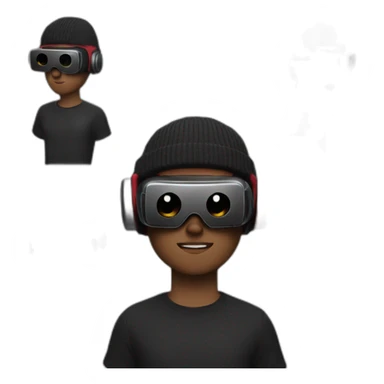 A 19 year old white guy, in a beanie, wearing a VR headset, in a black outfit with dark red accents sticker