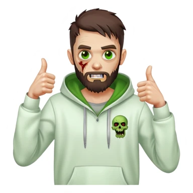 zombie with thumbs up gesture, undercut hairstyle with dark brown hair, short full beard, green eyes, wearing plain white hoodie sticker
