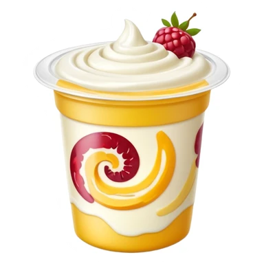 small yogurt cup with peeled-back foil lid, creamy yogurt with fruit swirls, no spoon or extras, soft lighting, subtle shadows, emoji scale sticker