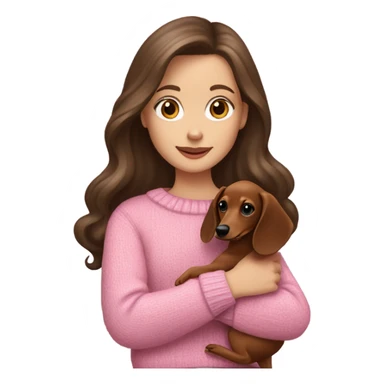 Brunette white girl with long hair in a pink sweater holds a dachshund long haired puppy in her arms sticker
