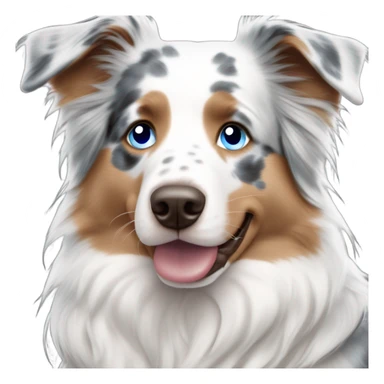 woman with blue eyes and long straight blonde hair and big boobs is holding a very fluffy blue eyes, blue merle australian shepherd  sticker