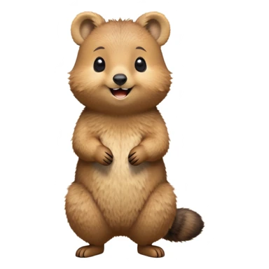 cinematic-quokka-realistic-full-body-standing on its hind legs hunched over-emoji,-small-round-frame-balanced-on-tiny-strong-hind-legs,giant fluffy cheeks large smile-fluffy-brown-fur-radiating-a-warm-softness,-big-round-eyes-filled-with-joy-and-innocence,-tiny-clawed-paws-held-close-to-chest,-cheerful-smile-exuding-endearing-happiness,-simplified-yet-realistic-focused-features,-highly-detailed,-glowing-with-a-sunny-warmth, skinny tail sticker