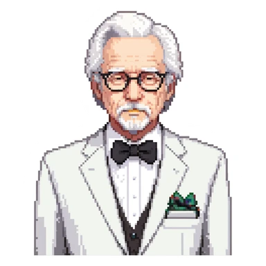 Colonel Sanders KFC, old man with white hair, white goatee, black bow tie, white suit, glasses sticker