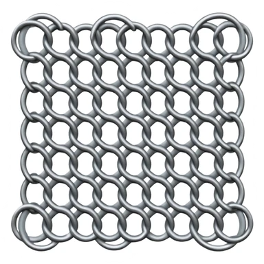 3D render of Screen Door Fragment, made of interlocking chainmail metal rings, wire mesh texture, visible holes and negative space, metallic silver and grey, high contrast shadows, emoji style, isolated on white background --v 6.0. sticker