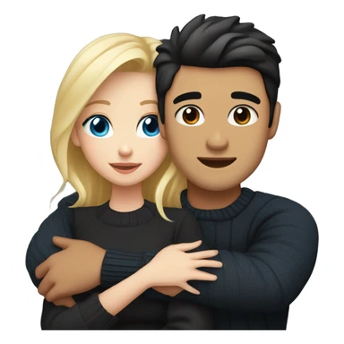 Blonde girl with blue eyes in black sweater and an east asian man with black hair and black eyes hugging sticker