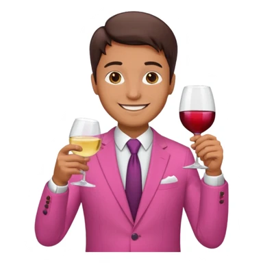 man hosting a dinner party at home wearing a pink suit sticker