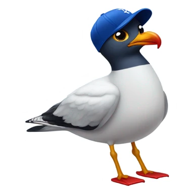 Seagull with wearing dark blue ballcap emblazoned with a red G initial sticker