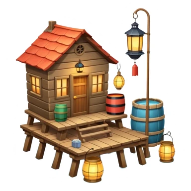 
fisherman house on a wooden pier, small dock, fishing nets hanging, barrels, lantern, ocean vibe, 3D cartoon, cute mobile game icon, clean background, no text
 sticker