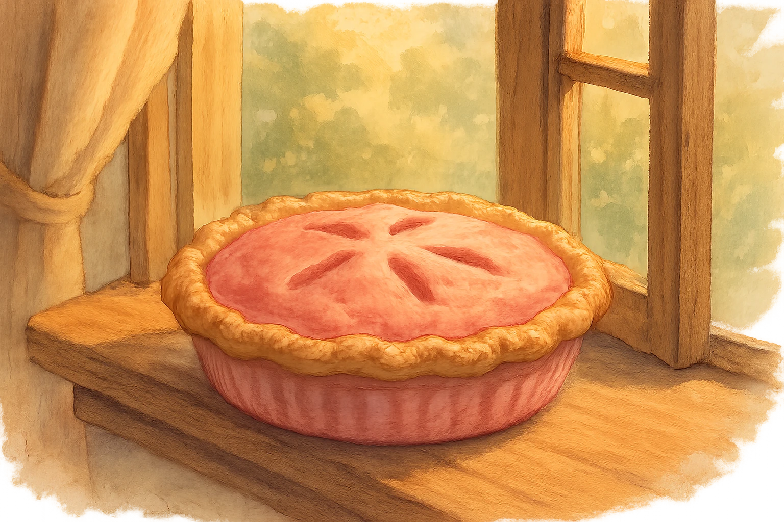 pink cozy pie cooling on a windowsill, homey emoji