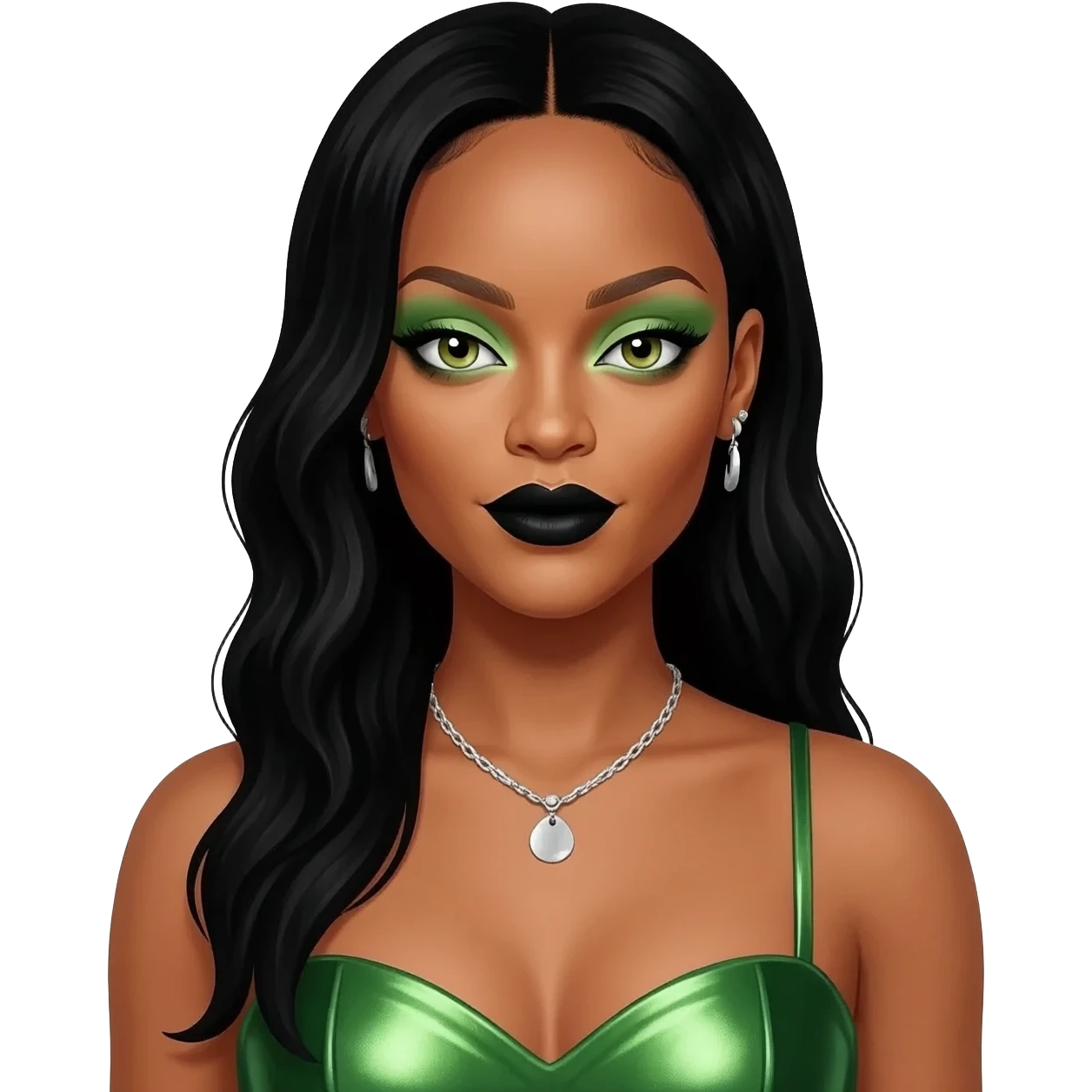 Rihanna with hazel green eyes, long black hair, light green eyeshadow, black lipstick, green metallic sweetheart dress, silver necklace and earrings emoji