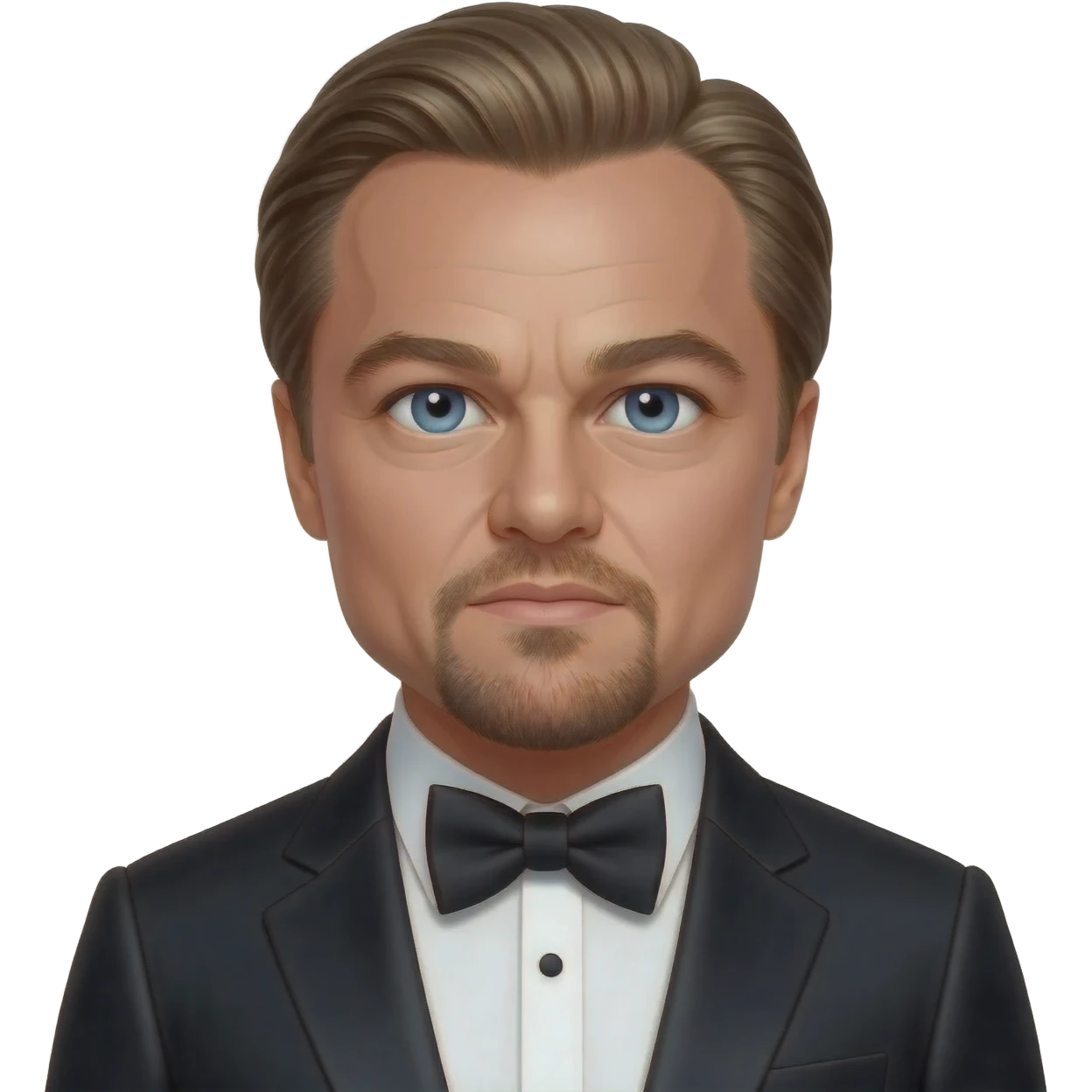 Leonardo DiCaprio with blue eyes, dark blonde hair, black metallic suit with bow tie emoji
