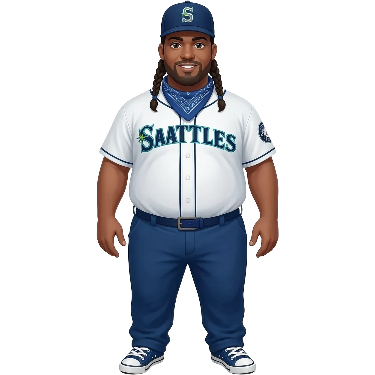 Fat Crip with braids a Seattle Mariners "S" hat blue bandana around neck with blue dickies pants and blue converse all star shoe Seattle Mariners jersey emoji