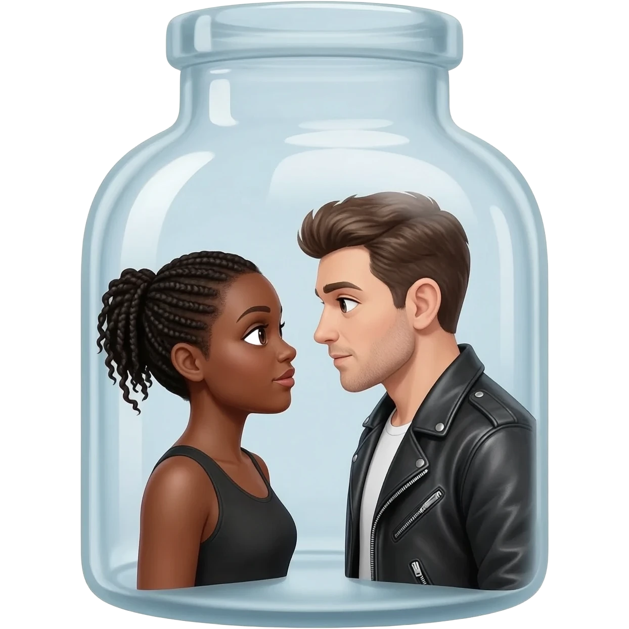 Picture Of 2 lovers inside a bottle  (girl is black and has short cornrows , guy is white with lether jacket) emoji