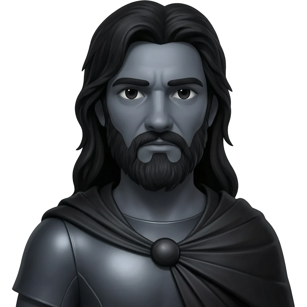 Pluto from Roman Mythology with black eyes, long black hair and beard, dark gray metallic tunic, black metallic cloak emoji