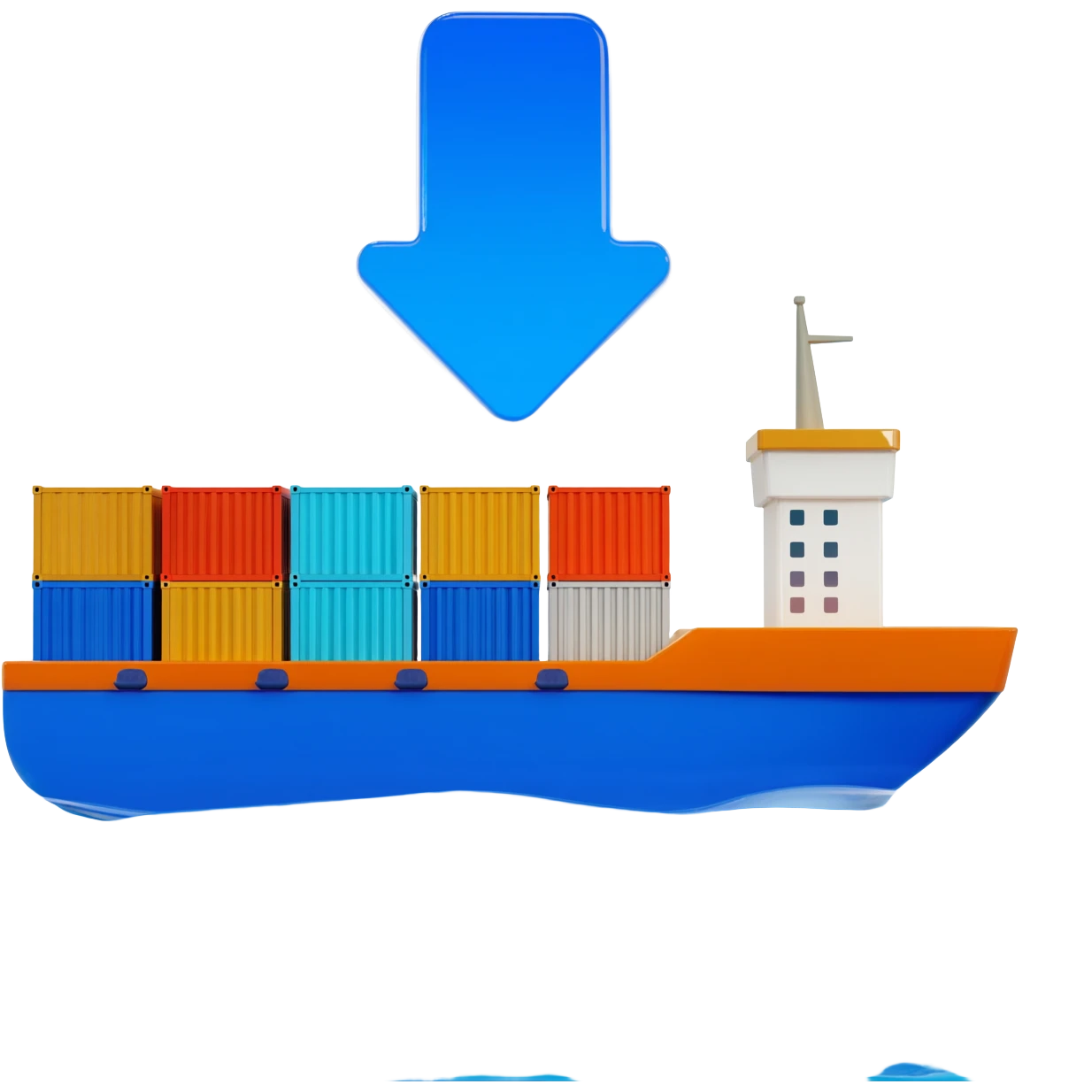 A 3D stylized cargo ship carrying colorful containers, with a large blue arrow pointing downwards or towards the viewer. Modern aesthetic, glossy materials, ocean blue and bright orange accents, 4k render, white background. emoji