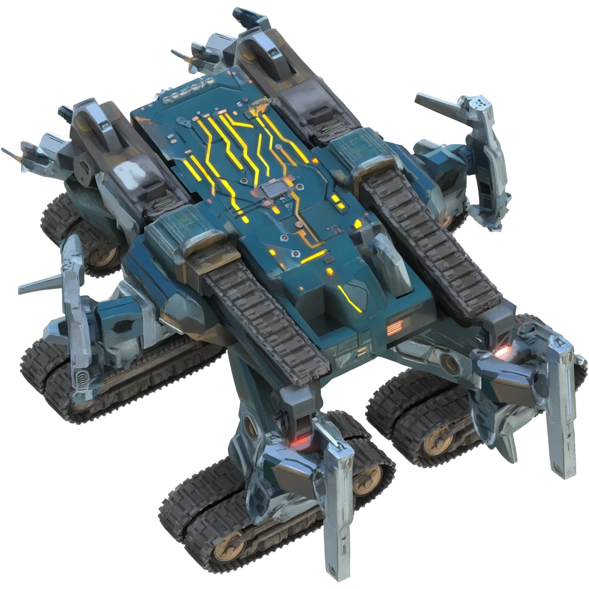A top down view of an end level boss robot drone with tank track, in a cyber punk futuristic style far beyond what is currently available today, from the year 3000, the camera needs to be directly above the end boss robot drone looking down emoji