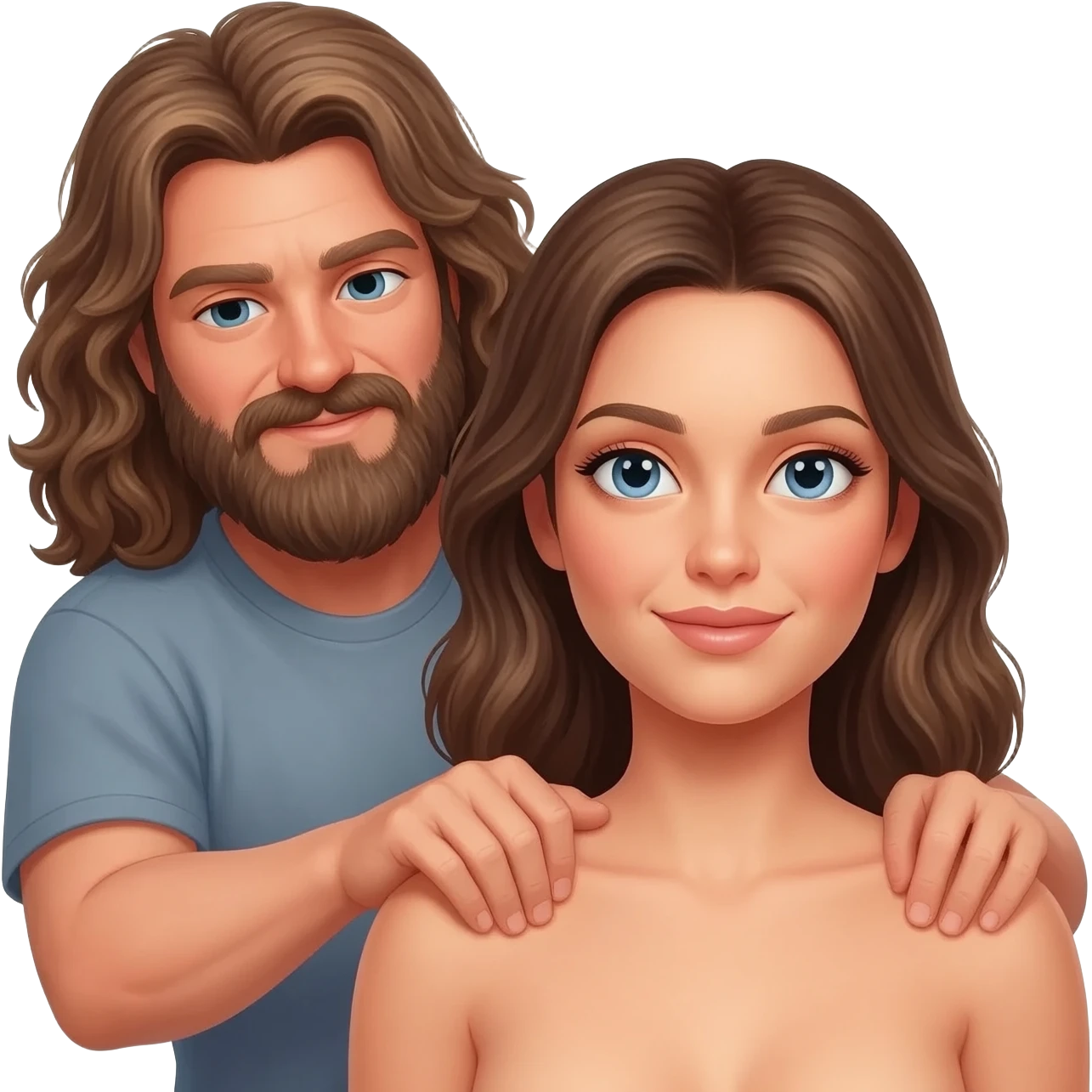 beard long hair, giving a female brunette, fully nude body massage emoji