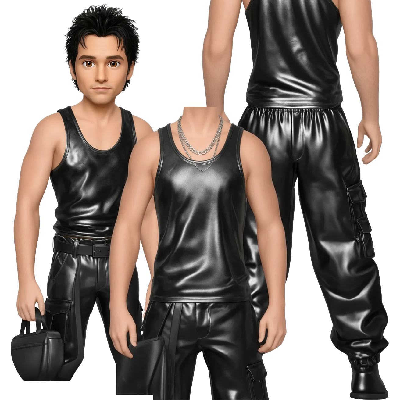Danny Wood from NKOTB with brown eyes, black hair, black metallic tank top, black metallic baggy pants, silver necklace emoji
