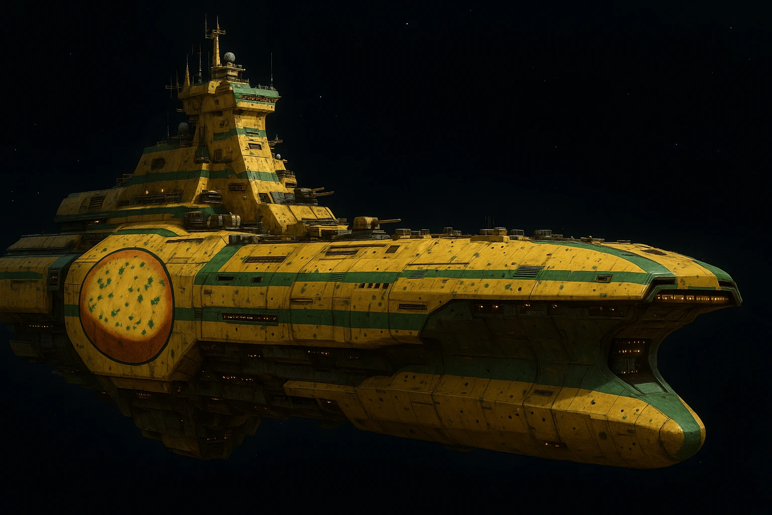 a massive cruiser size space supercarrier space ship, except it is decorated in a garlic bread insignia and paint scheme emoji