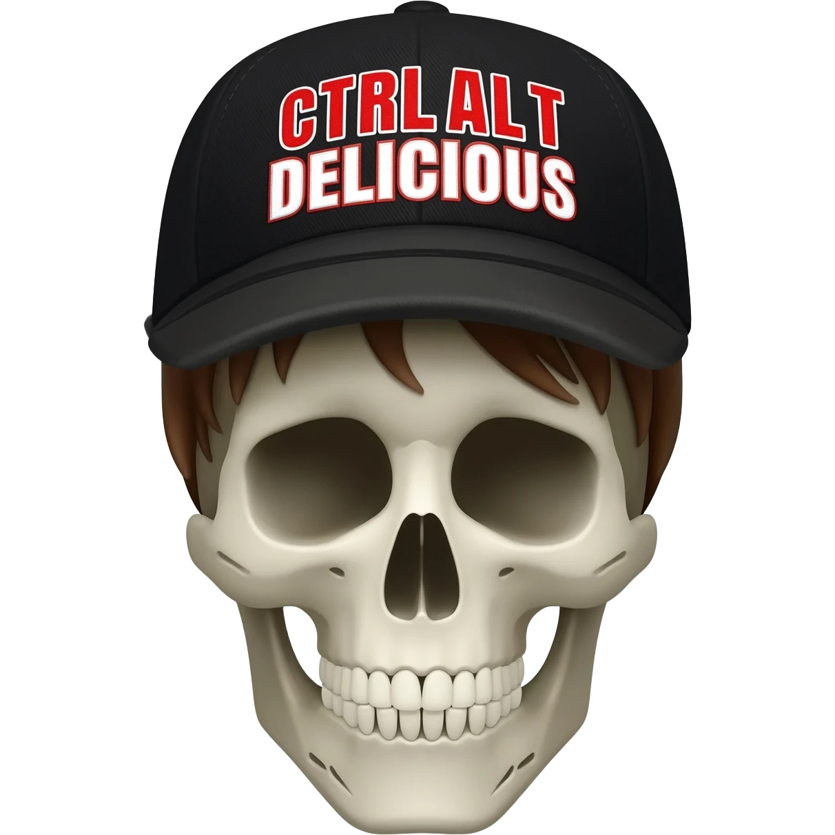 Create a skeleton head wearing a black baseball cap that says " C t r l A l t D e l i c i o u s " in Red, and white lettering, with brown hair emoji