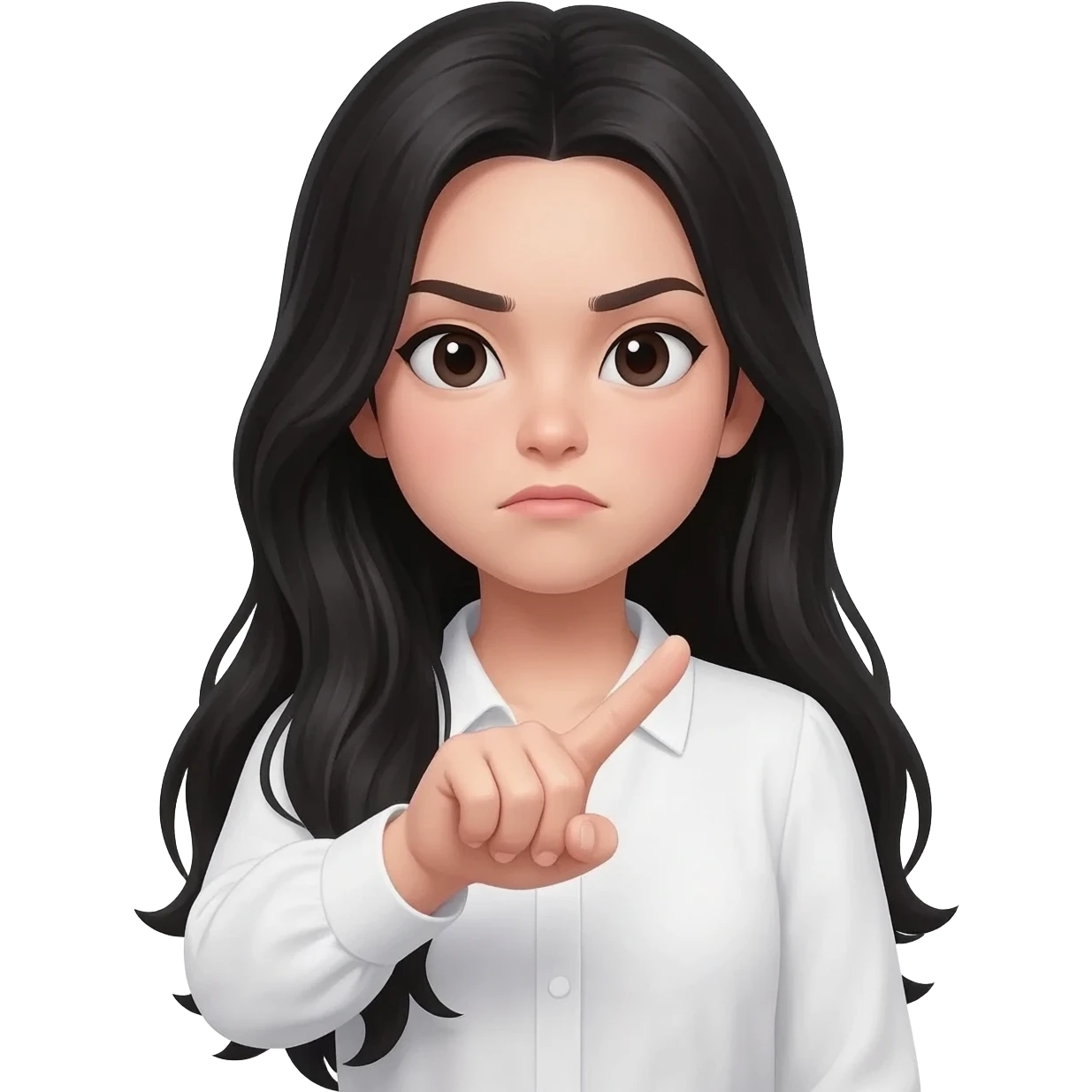 Chica con pelo negro largo haciendo con sus dos manos sacando un dedo de cada una, con un dedo enfrente del otro, ahora que simulé hacer 🙅🏻‍♀️ con los dedos por favor emoji