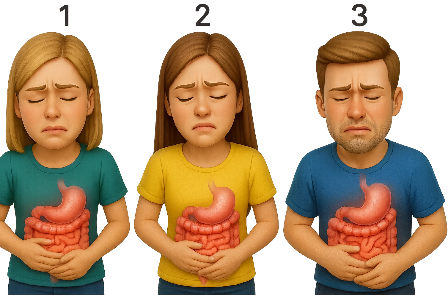 emoji stile iphone di 3 persone, due donne e un uomo, con intestino realistico e mal di pancia, sulle donne ci sono i numeri 1, 2 e sull'uomo il 3, iperrealistico 4k emoji