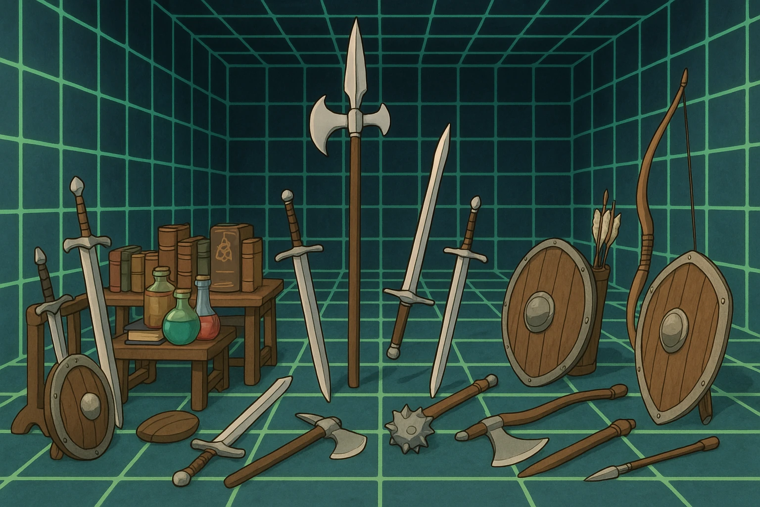 A virtual simulated training environment for combat drills, configured with swords, daggers, axes, maces, halberds, bow and arrows, and shields, as well as spell books and potions  emoji