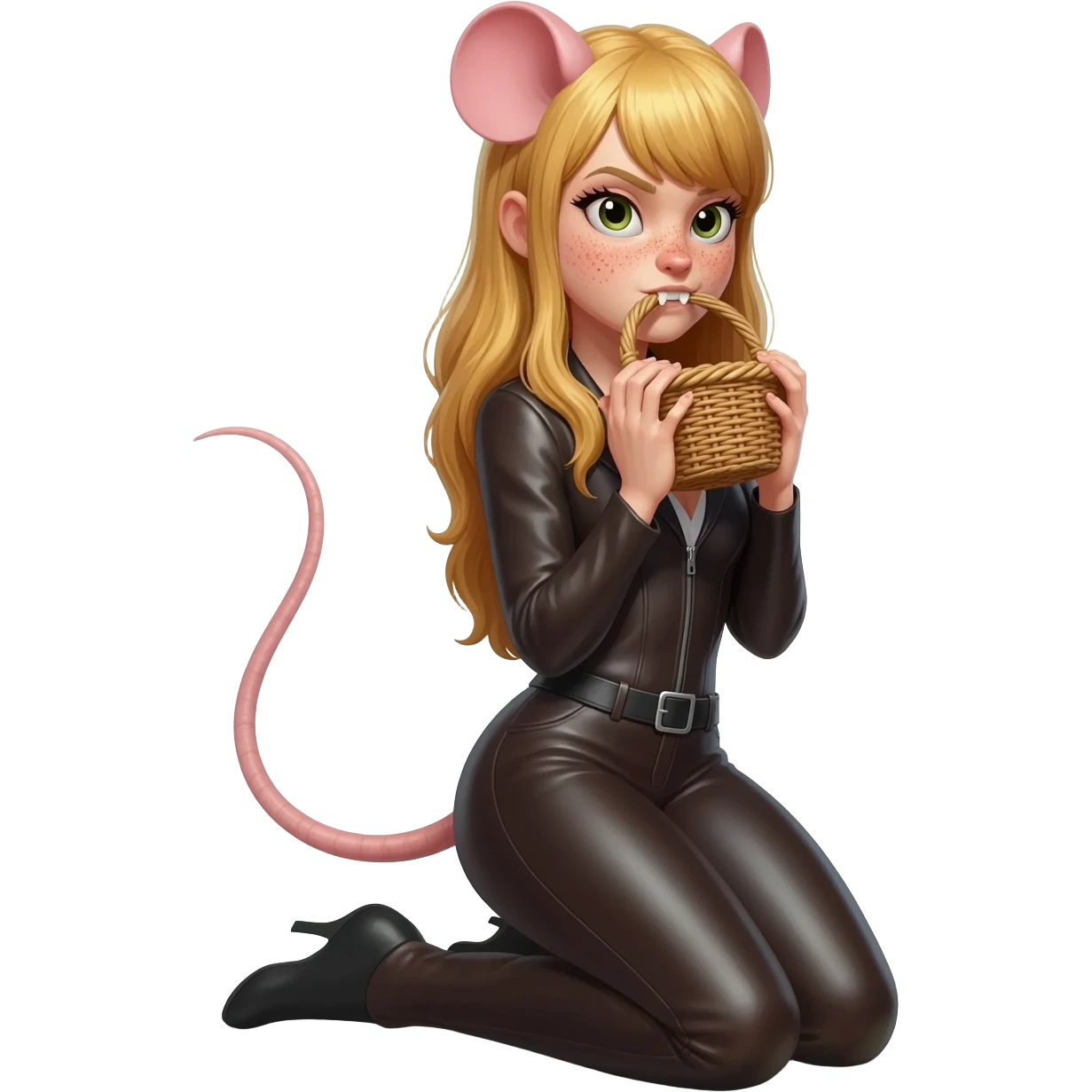 pretty woman with rat tail and rat ears have blond long hair and freckles. she is on her knees and hands and holding the wicker in her teeth. she is dressed in a leather-fitted suit emoji
