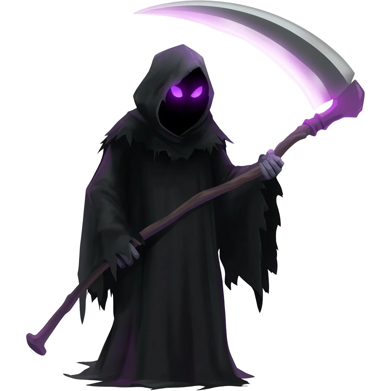 Dark black Shadow Grim reaper with scythe dark themes, covered with tattered dark black cloak and only purple glowing eyes and scythe with light purple glow emoji