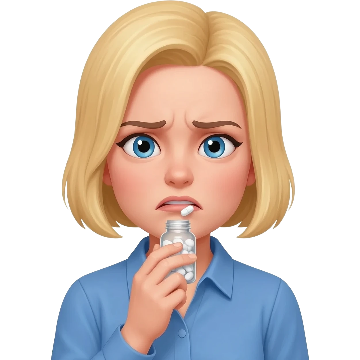 Blond hair woman blue eyed in a blue shirt taking a pill in disgust emoji