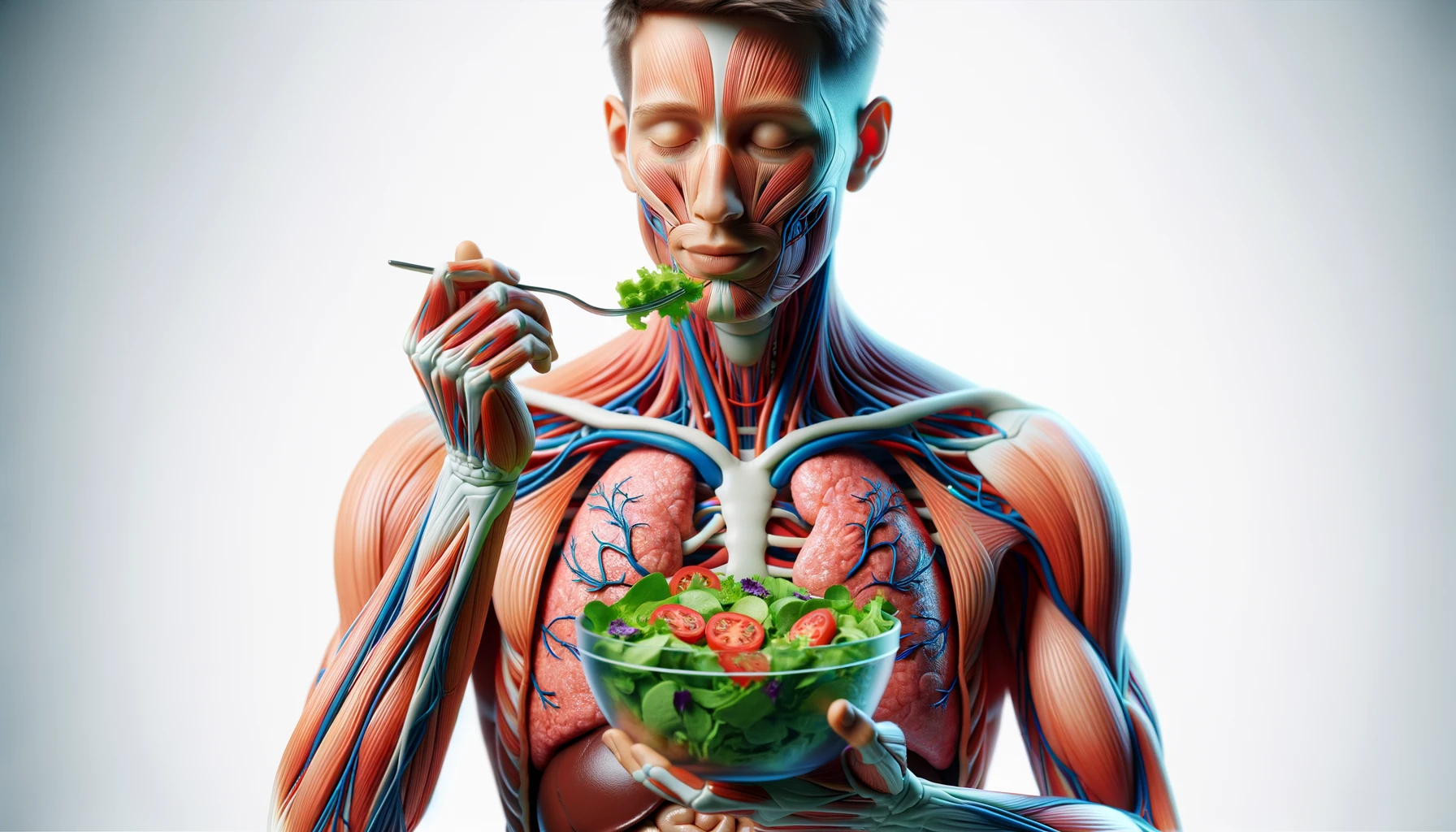 corpo umano anatomico con capelli corti che mangia un insalata con espressione serena in volto, organi sani in evidenza, iperrealistica 4k, isolato su sfondo bianco emoji
