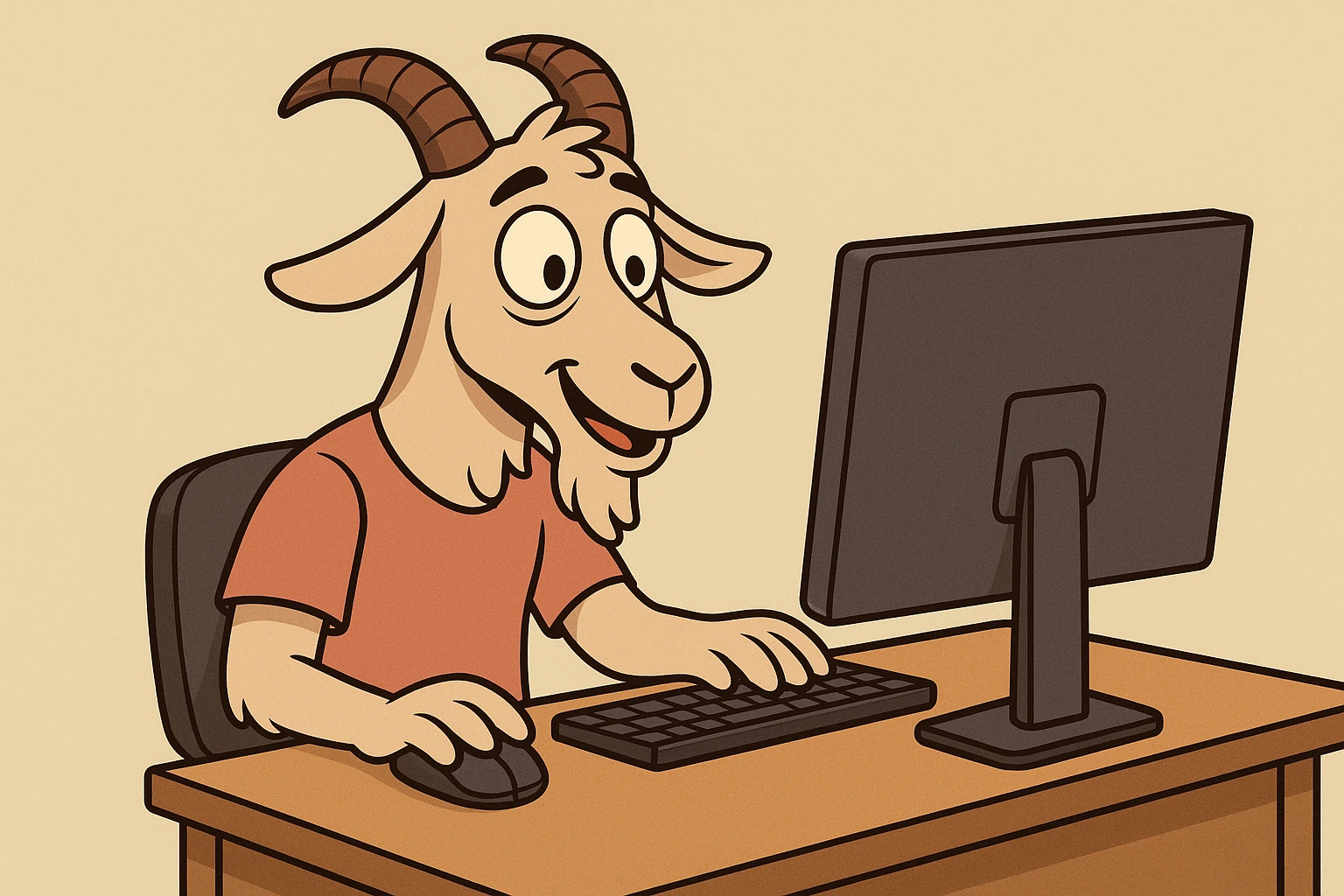 cartoon style goat sitting at a computer, friendly and simple colors emoji