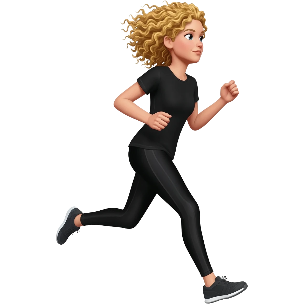blond curly hair running woman in black long leggins and black t-shirt emoji