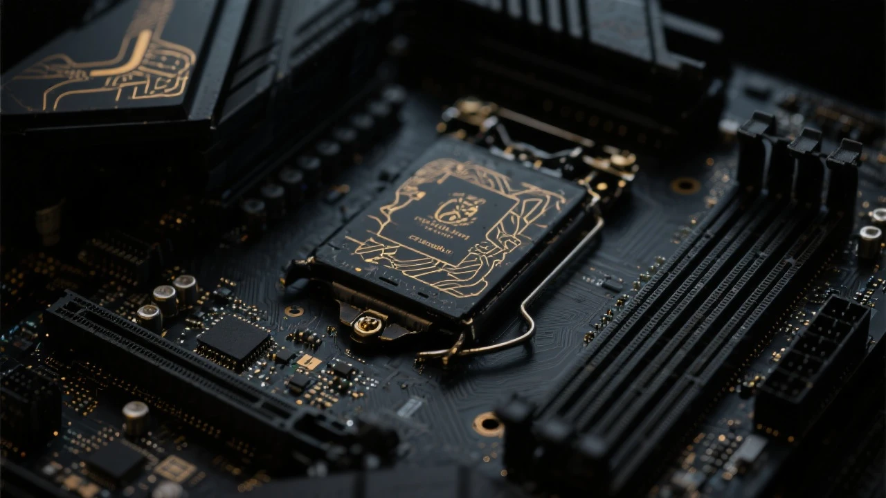 Closeup of black motherboard with subtle gold etchings in moody, dark lighting. emoji