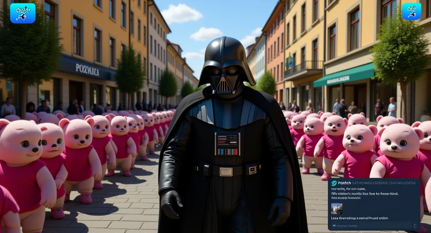 Ultra realistic, a lot of detail, 8k quality, Cinematic still of a darth vader walk through poznan city down town, sunny day, crowd of baby yoadas around him, he is live streaming on twitch, we can see twitch chat ui, selfie camera holding in hand front camera emoji