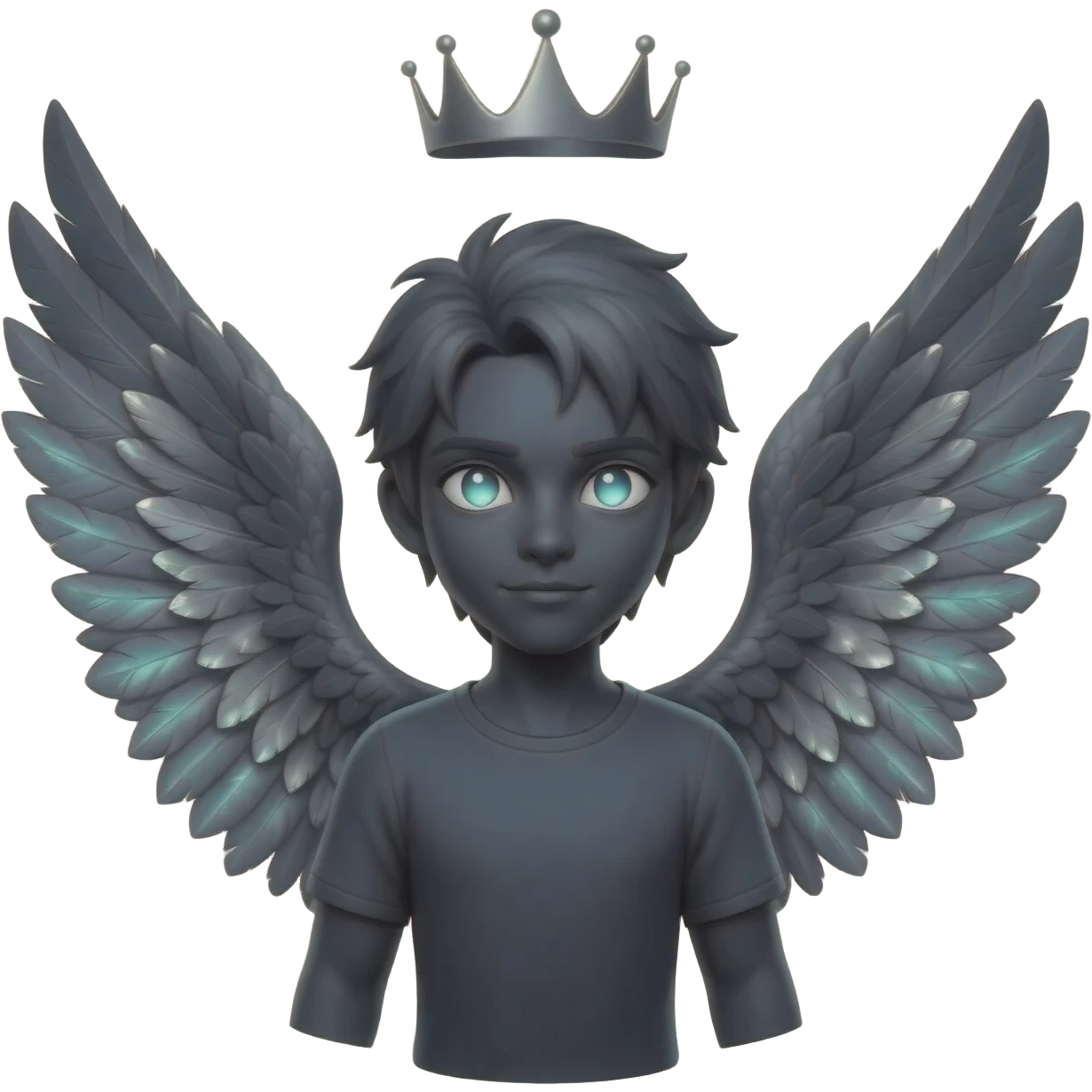 High-gloss 3D emoji, majestic wingspan, charcoal feathers with iridescent silver highlights, glowing eyes, and a floating minimalist crown. Premium vector style, transparent background. emoji