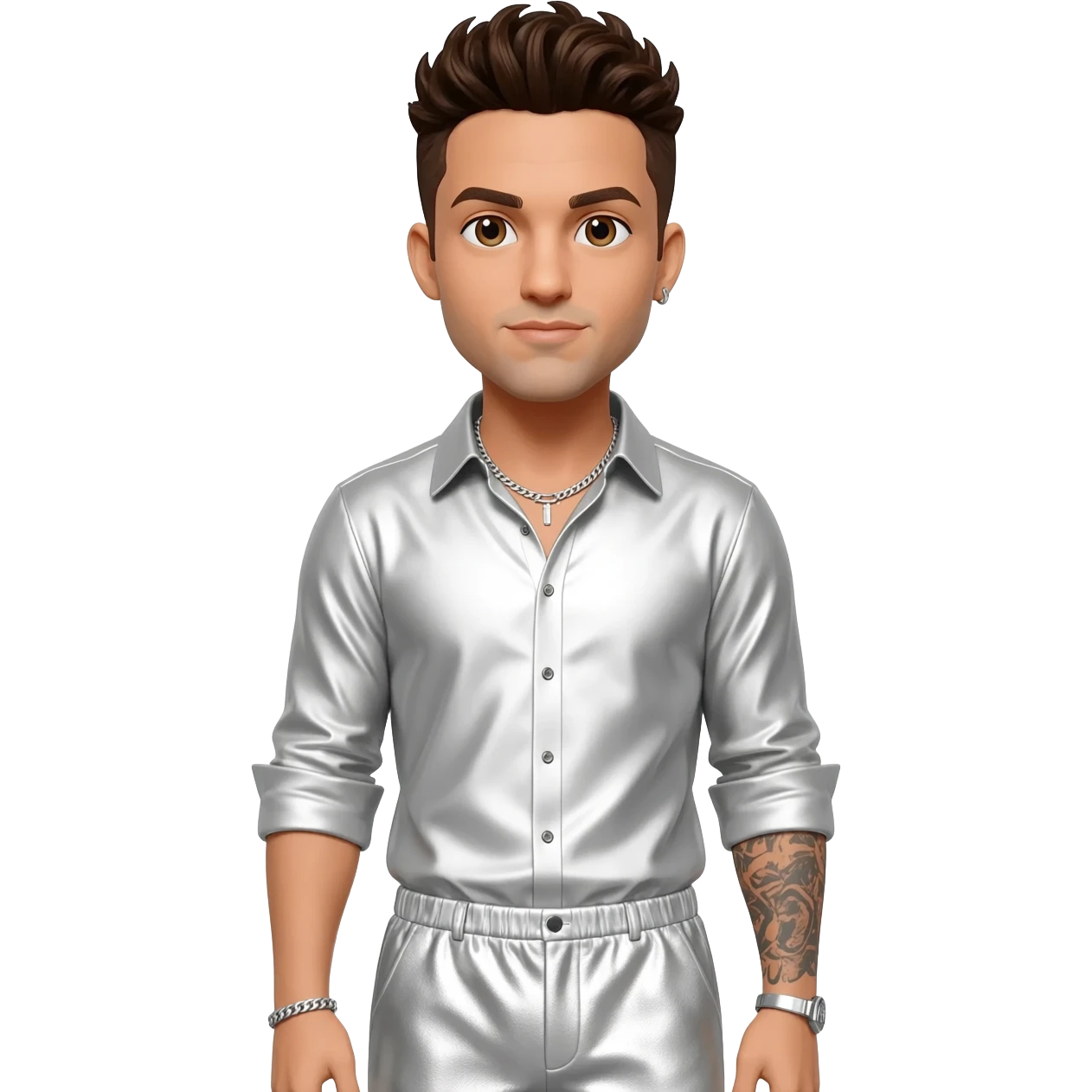 Howie Dorough from Backstreet Boys with brown eyes, dark brown hair, white metallic shirt, white metallic baggy pants, silver necklace emoji