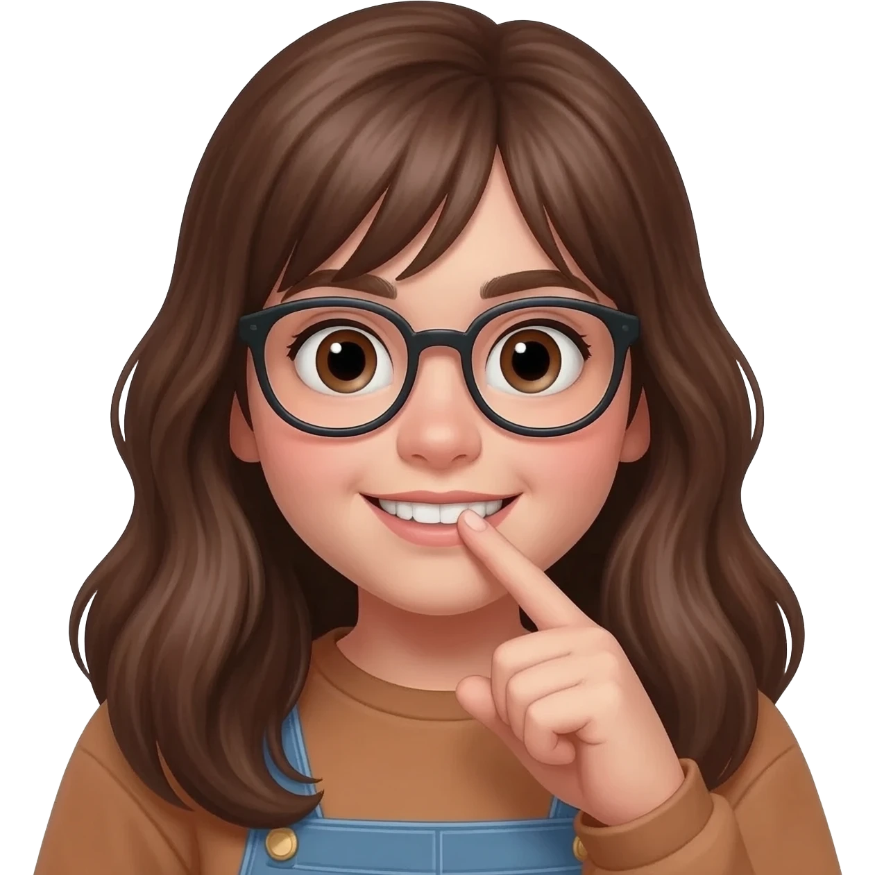 Crée moi l’emoji d’une fille brune Avec de long cheveux et qui a 15 ansau gros yeux et des lunettes qui met son index dans sa bouche avec ses dent emoji