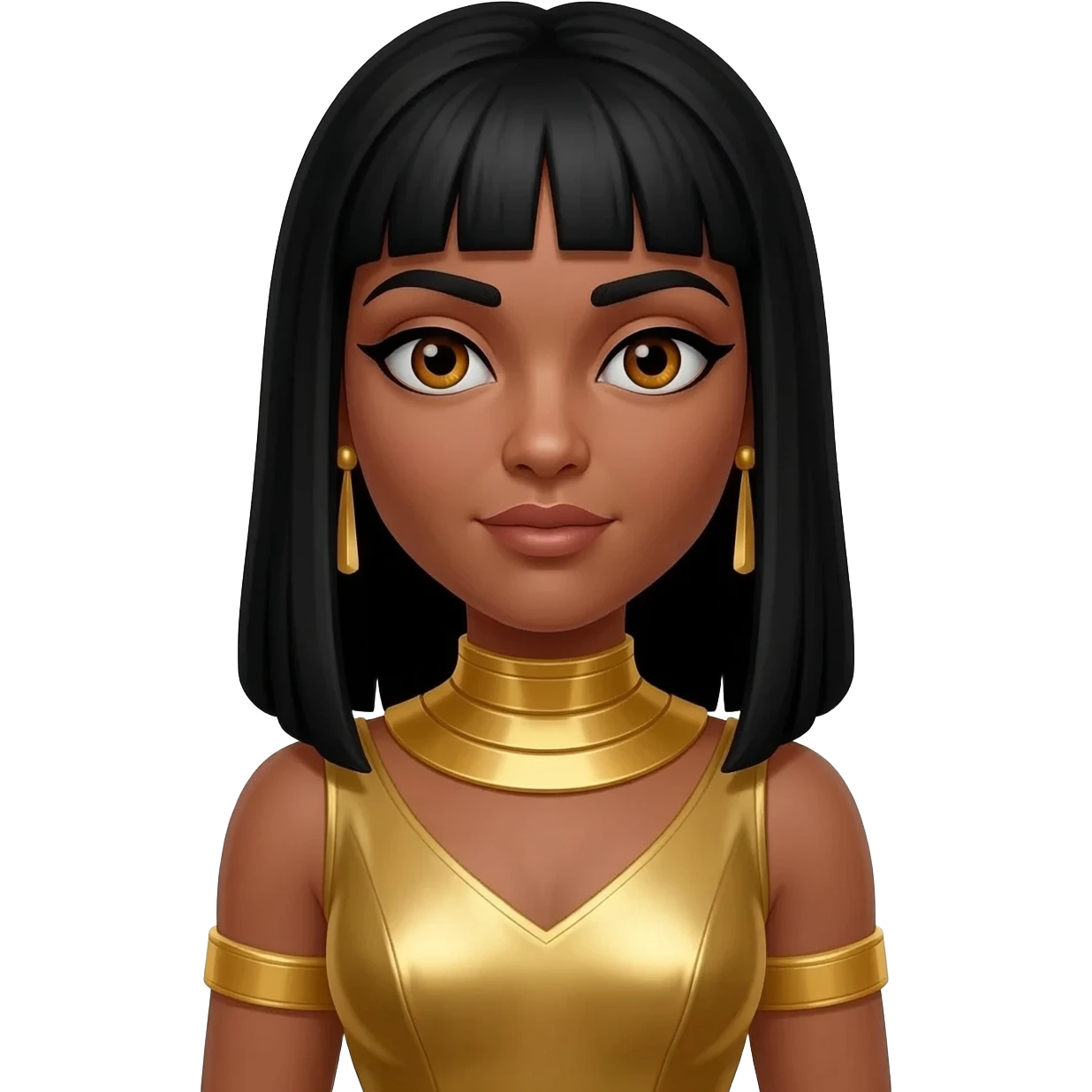 Cleopatra from Rome Mythology with hazel eyes, long black hair, gold metallic tunic, gold collar and earrings emoji