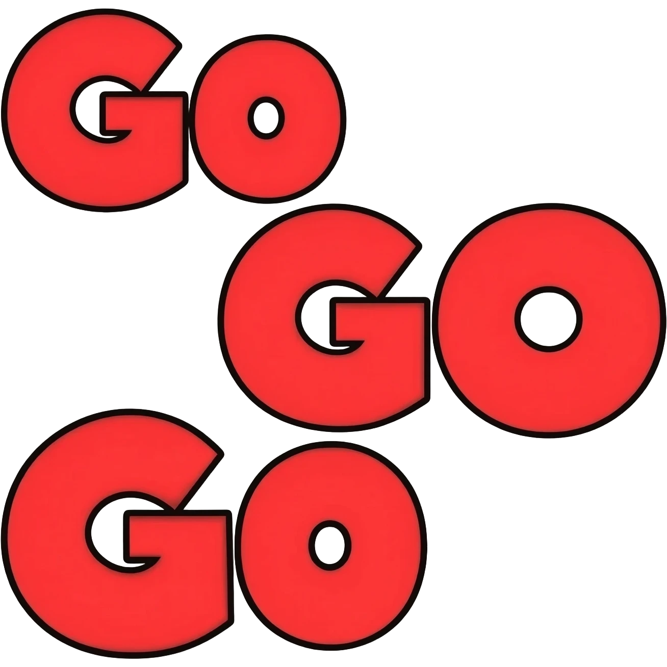 Bubble letters in red color and outlined in black, words Go GO Go emoji