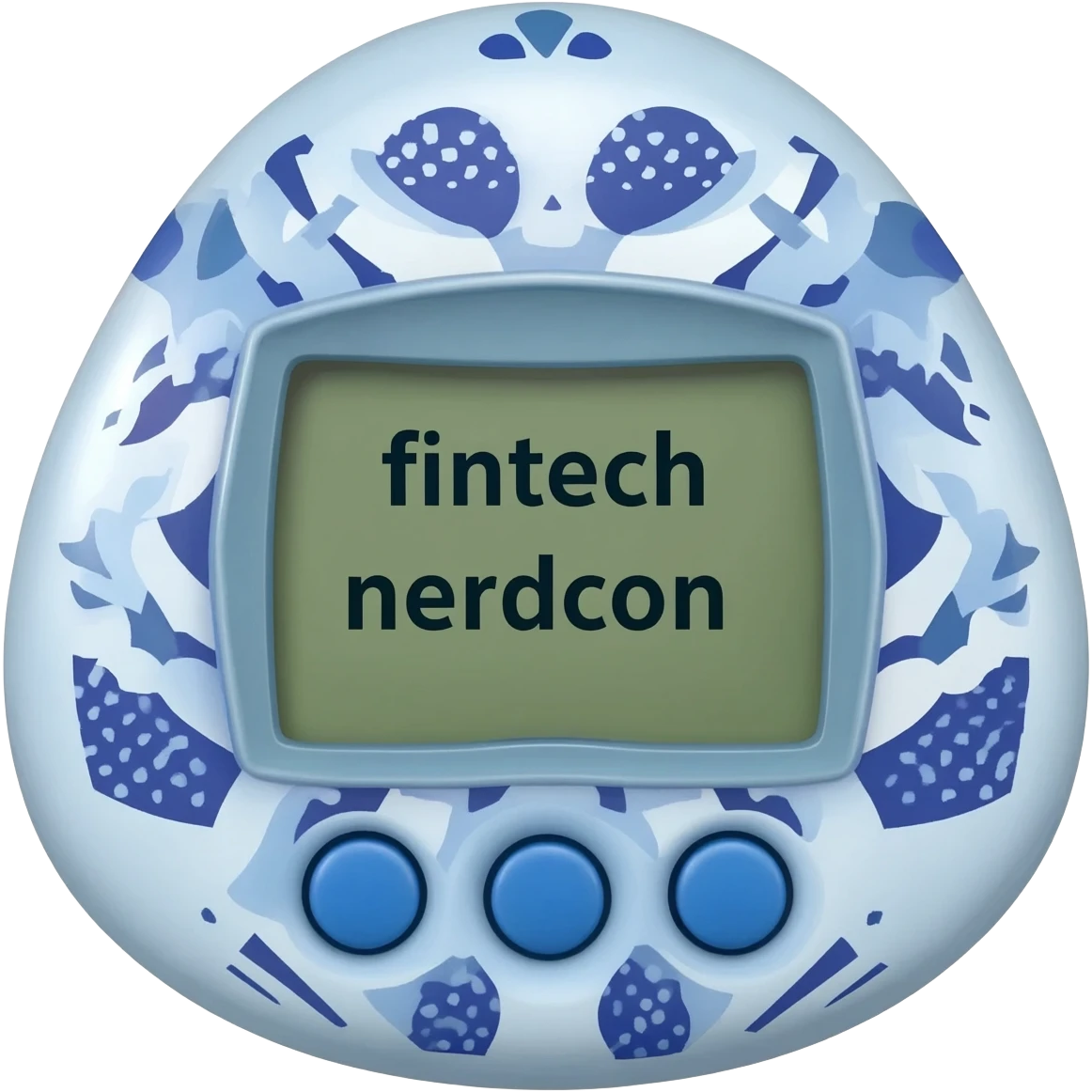 please create me a tamagotchi that syas fintech nerdcon on the screen, and make the style of the tamagotchi round and nerdy and gamer like. GTA style emoji