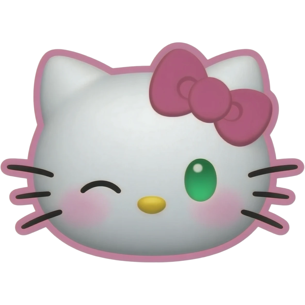 Kawaii Hello Kitty style, light grey fur, one green eye winking, pink bow, pink cheeks, thick outline, pastel pink, transparent background emoji