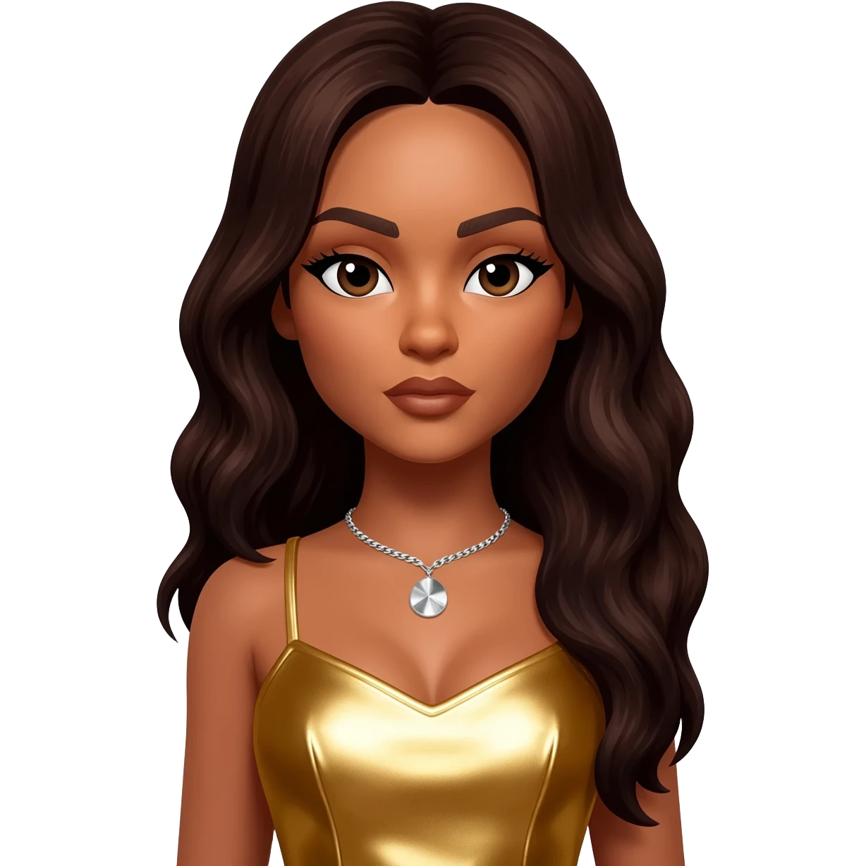 LeToya Luckett from Destiny's Child with long dark brown hair, gold metallic dress, silver necklace emoji